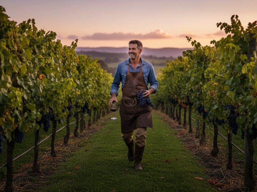A vibrant, cinematic photograph showcasing the authentic, candid moment of a winemaker passionately discussing their craft amidst rows of grapevines at sunset, embodying Healesville Winery Editorial Photography Storytelling.