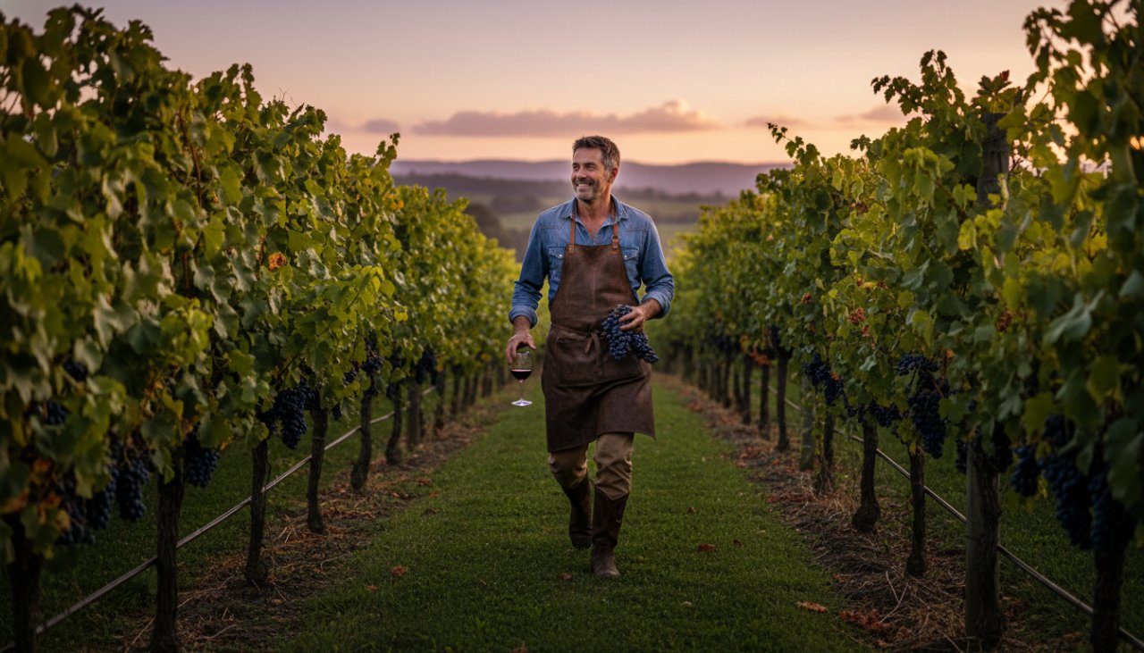 A vibrant, cinematic photograph showcasing the authentic, candid moment of a winemaker passionately discussing their craft amidst rows of grapevines at sunset, embodying Healesville Winery Editorial Photography Storytelling.