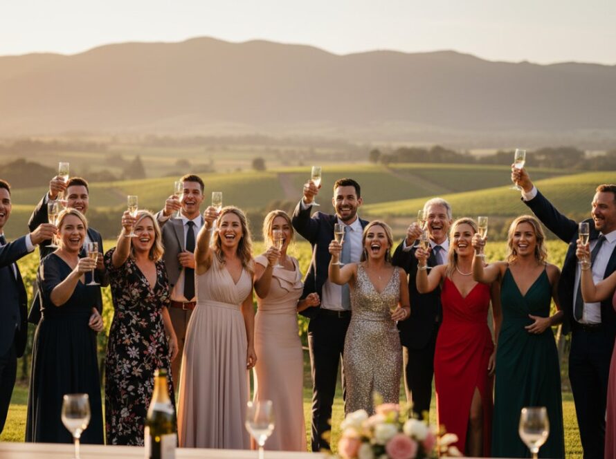 A wide shot capturing an epic moment of joyful guests toasting at a Healesville winery event, bathed in golden hour light, showcasing the vibrant and candid moments of the celebration, professionally photographed for lasting memories.