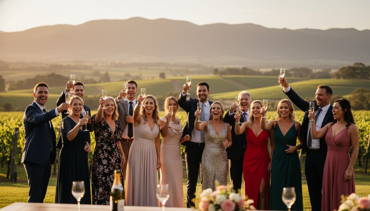 A wide shot capturing an epic moment of joyful guests toasting at a Healesville winery event, bathed in golden hour light, showcasing the vibrant and candid moments of the celebration, professionally photographed for lasting memories.