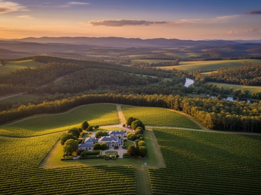 An epic drone photograph showcasing the serene beauty of the Healesville Yarra Valley aerial drone photography, with rolling vineyards bathed in golden hour light, a winding road, and the distant Dandenong Ranges under a dramatic sky, captured by a professional drone photographer.