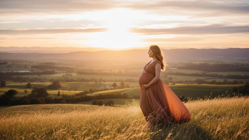 A radiant expectant mother, in an elegant flowing gown, cradles her baby bump amidst the soft golden light of a Healesville Yarra Valley outdoor maternity photoshoot, with rolling hills and lush greenery in the background, conveying serene beauty and anticipation.