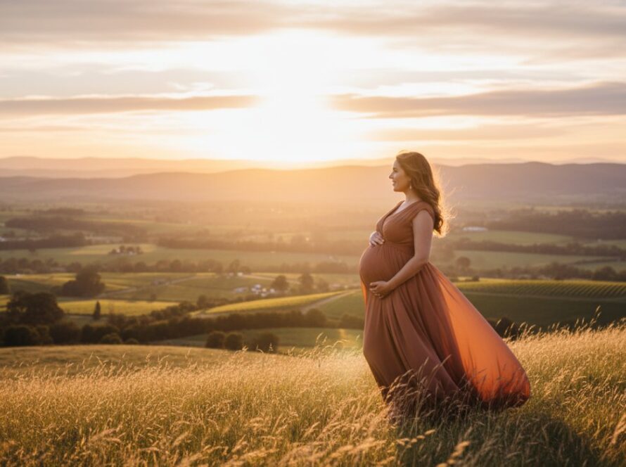 A radiant expectant mother, in an elegant flowing gown, cradles her baby bump amidst the soft golden light of a Healesville Yarra Valley outdoor maternity photoshoot, with rolling hills and lush greenery in the background, conveying serene beauty and anticipation.