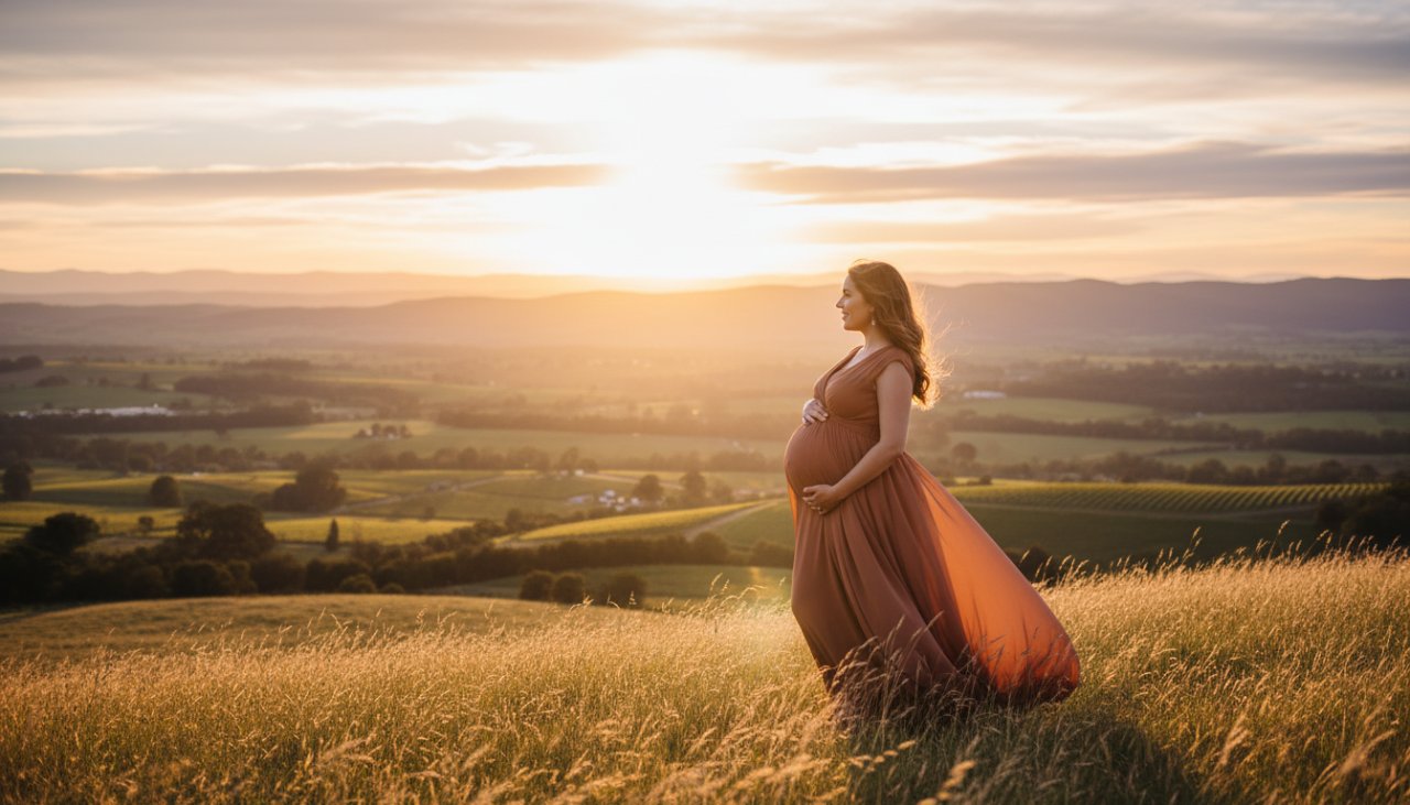 A radiant expectant mother, in an elegant flowing gown, cradles her baby bump amidst the soft golden light of a Healesville Yarra Valley outdoor maternity photoshoot, with rolling hills and lush greenery in the background, conveying serene beauty and anticipation.