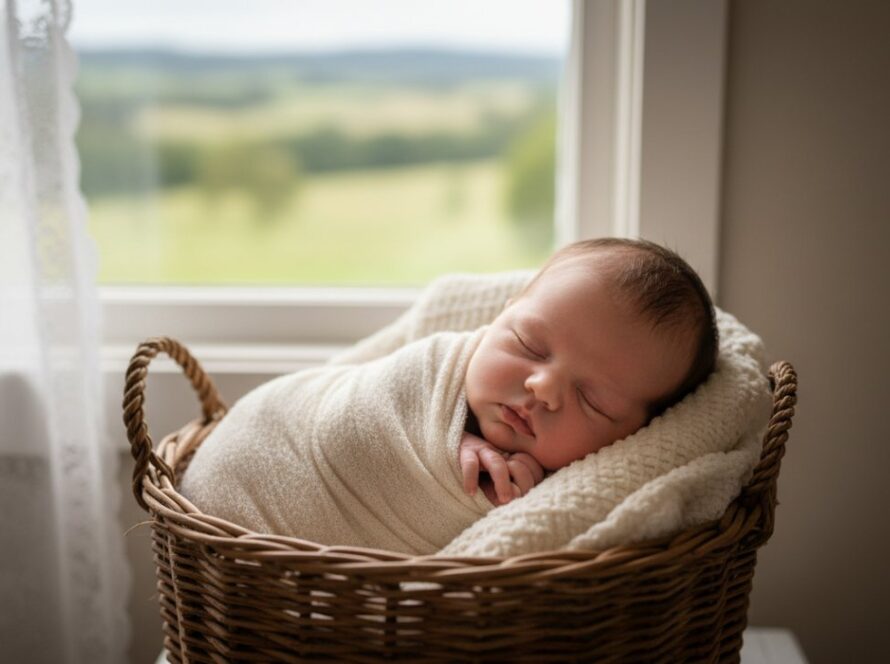 A close-up, warm, cinematic portrait capturing heartfelt Avonsleigh newborn photography, showing a tiny baby's hand gently gripping a parent's finger, bathed in soft, natural window light from a rustic Avonsleigh farmhouse, evoking tender love and the fleeting beauty of early life.