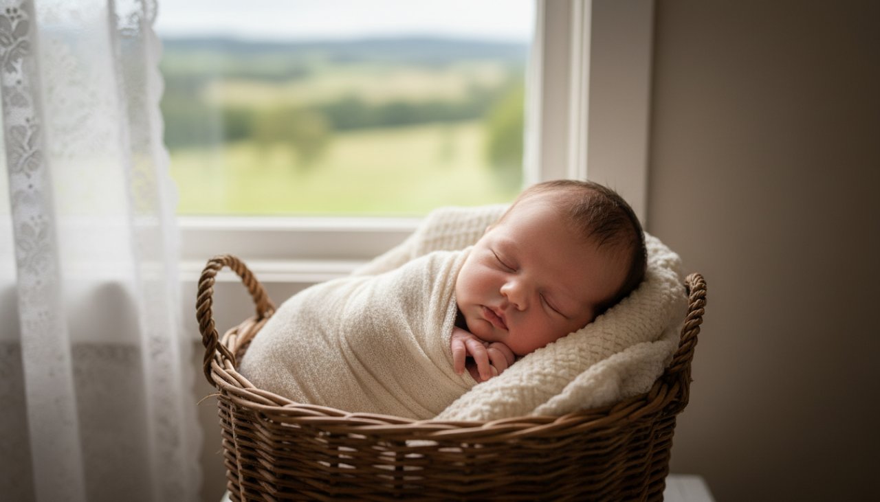 A close-up, warm, cinematic portrait capturing heartfelt Avonsleigh newborn photography, showing a tiny baby's hand gently gripping a parent's finger, bathed in soft, natural window light from a rustic Avonsleigh farmhouse, evoking tender love and the fleeting beauty of early life.
