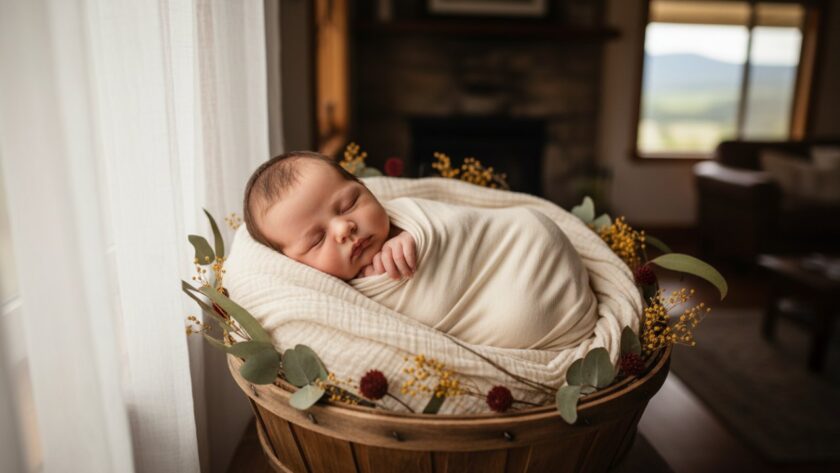 A tender, cinematic close-up of a sleeping newborn wrapped in a soft, cream blanket, held gently in a parent's hands, bathed in warm, ethereal light within a rustic Avonsleigh home, capturing a heartfelt Avonsleigh newborn photography session.