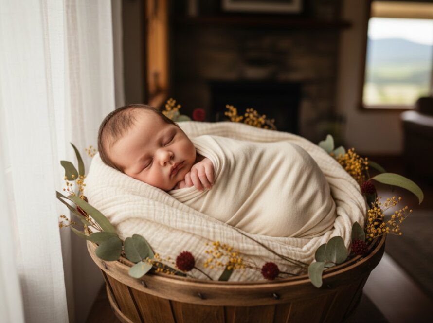 A tender, cinematic close-up of a sleeping newborn wrapped in a soft, cream blanket, held gently in a parent's hands, bathed in warm, ethereal light within a rustic Avonsleigh home, capturing a heartfelt Avonsleigh newborn photography session.