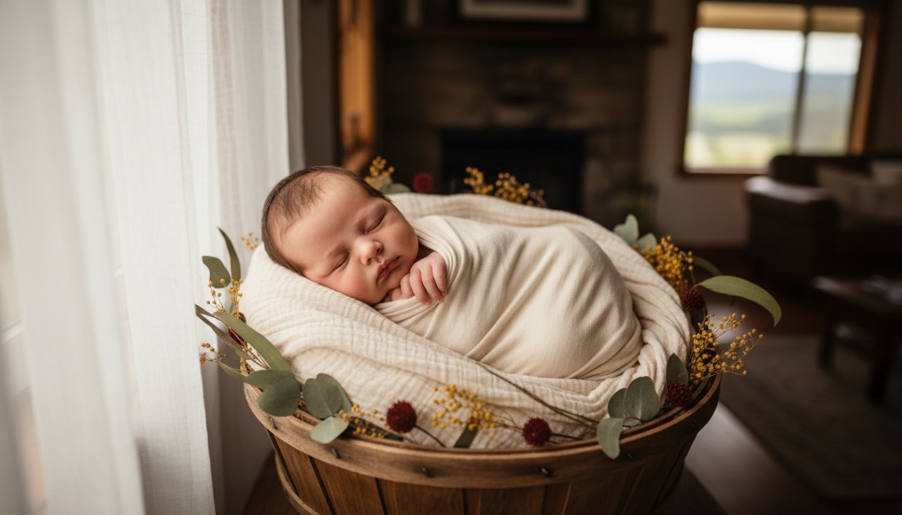 A tender, cinematic close-up of a sleeping newborn wrapped in a soft, cream blanket, held gently in a parent's hands, bathed in warm, ethereal light within a rustic Avonsleigh home, capturing a heartfelt Avonsleigh newborn photography session.