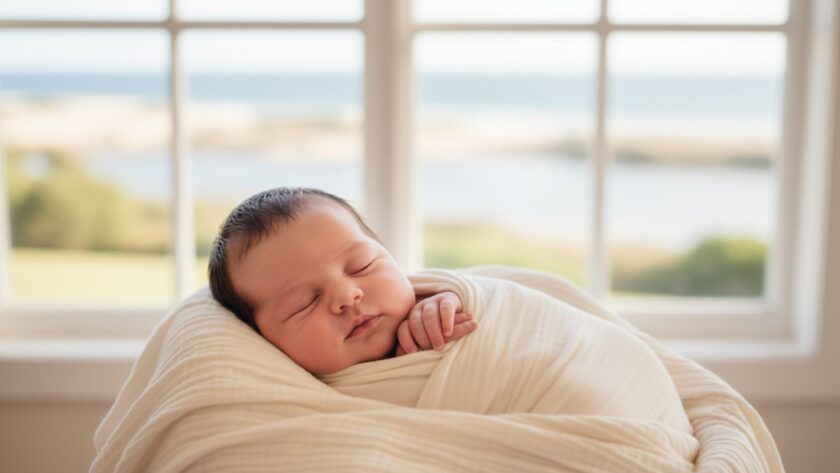 A breathtaking, warm-toned photograph capturing heartfelt baby photography Blairgowrie Vic, with a newborn nestled safely in a parent's arms by a sun-drenched coastal window, evoking pure love and serenity.