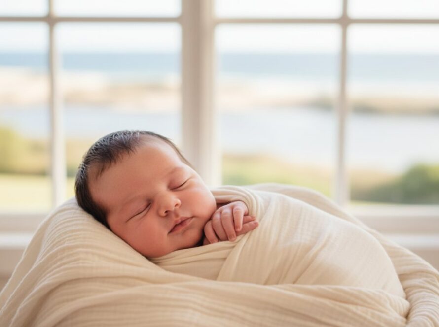 A breathtaking, warm-toned photograph capturing heartfelt baby photography Blairgowrie Vic, with a newborn nestled safely in a parent's arms by a sun-drenched coastal window, evoking pure love and serenity.