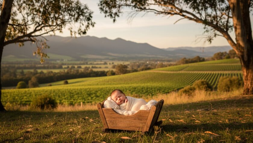 Heartfelt Newborn Photography Castella Victoria: A tender, cinematic wide shot of a newborn baby peacefully sleeping in a rustic wooden bassinet, bathed in soft, natural morning light filtering through eucalyptus trees in a serene Castella countryside setting. Parents' hands gently cup the bassinet, emphasizing the tiny scale of the baby against the backdrop of the rolling Yarra Valley hills. The scene captures an epic moment of new beginnings and pure innocence.