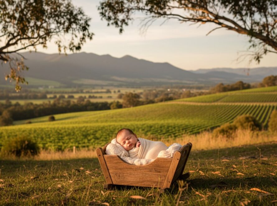 Heartfelt Newborn Photography Castella Victoria: A tender, cinematic wide shot of a newborn baby peacefully sleeping in a rustic wooden bassinet, bathed in soft, natural morning light filtering through eucalyptus trees in a serene Castella countryside setting. Parents' hands gently cup the bassinet, emphasizing the tiny scale of the baby against the backdrop of the rolling Yarra Valley hills. The scene captures an epic moment of new beginnings and pure innocence.