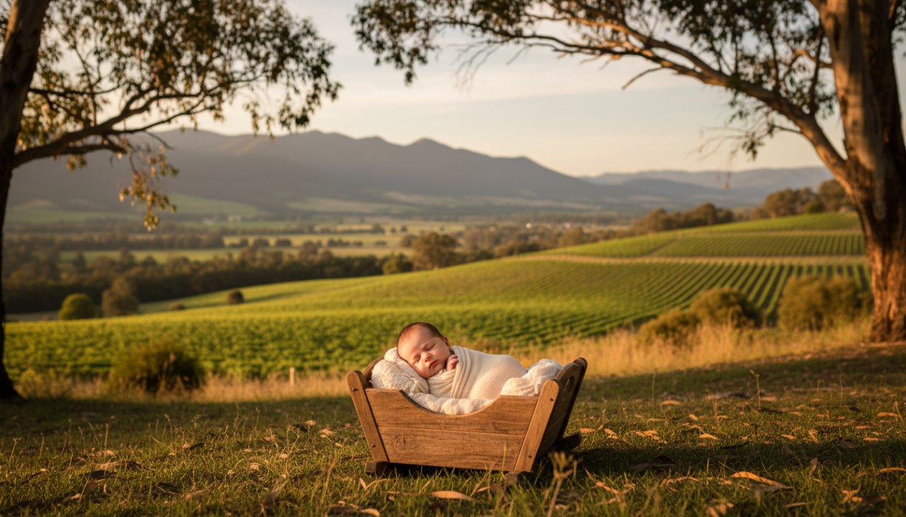 Heartfelt Newborn Photography Castella Victoria: A tender, cinematic wide shot of a newborn baby peacefully sleeping in a rustic wooden bassinet, bathed in soft, natural morning light filtering through eucalyptus trees in a serene Castella countryside setting. Parents' hands gently cup the bassinet, emphasizing the tiny scale of the baby against the backdrop of the rolling Yarra Valley hills. The scene captures an epic moment of new beginnings and pure innocence.