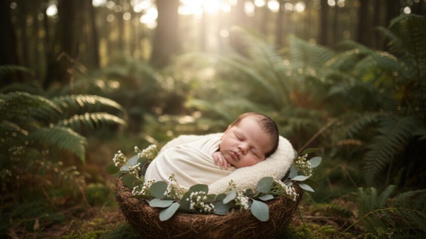 A breathtaking and heartfelt newborn photography portrait taken in Kallista, Victoria, showing a peaceful baby wrapped in a soft blanket, nestled in a vintage wooden basket amidst a sun-dappled, natural bushland setting, evoking a sense of calm and new beginnings.