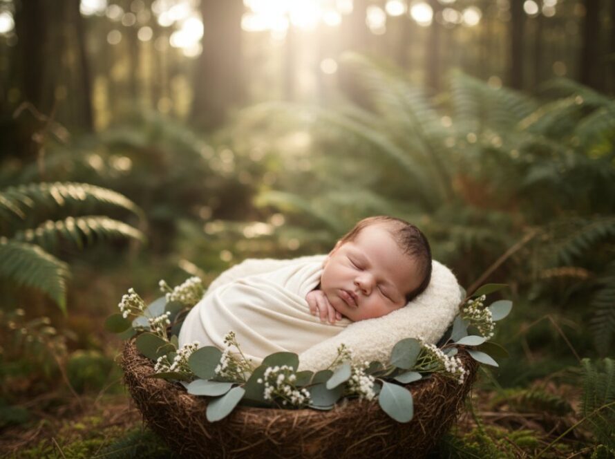 A breathtaking and heartfelt newborn photography portrait taken in Kallista, Victoria, showing a peaceful baby wrapped in a soft blanket, nestled in a vintage wooden basket amidst a sun-dappled, natural bushland setting, evoking a sense of calm and new beginnings.