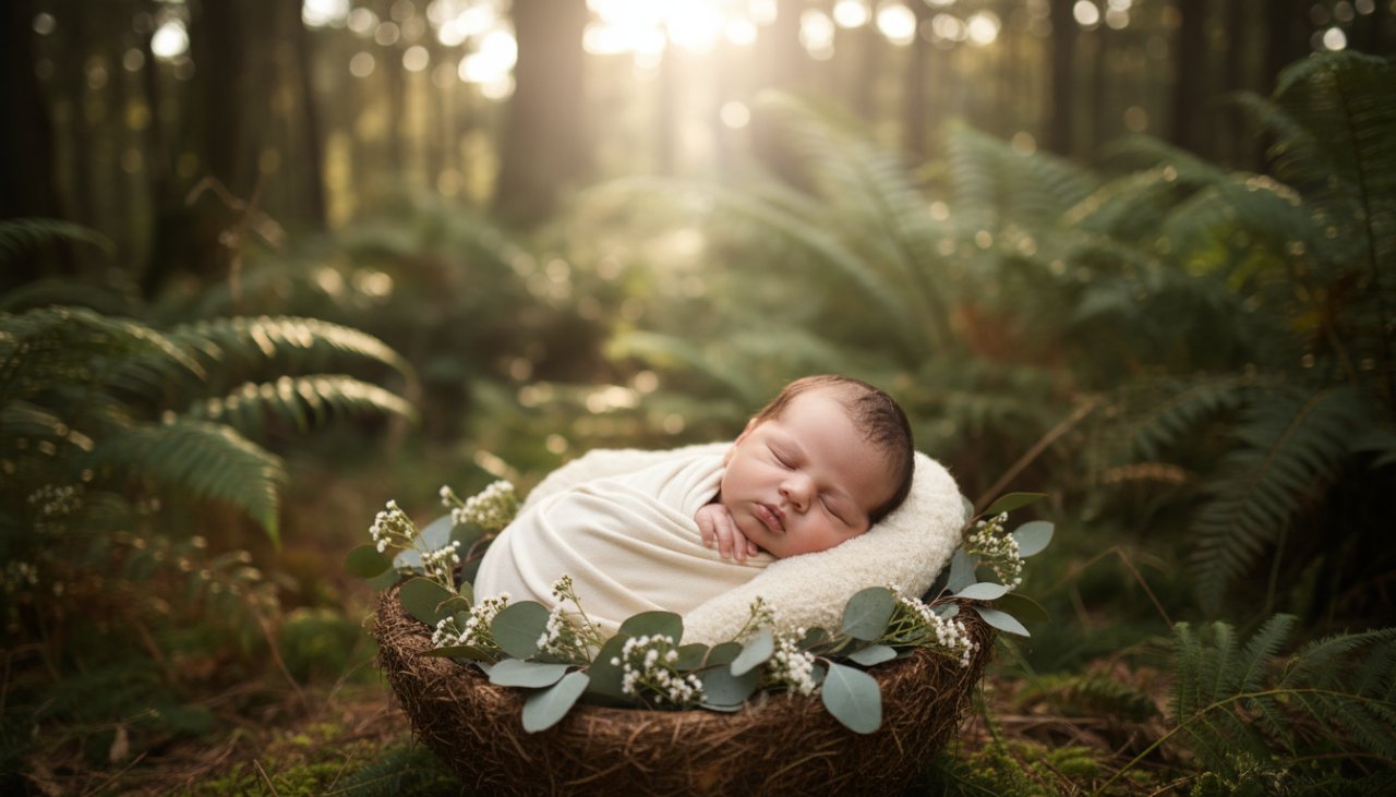 A breathtaking and heartfelt newborn photography portrait taken in Kallista, Victoria, showing a peaceful baby wrapped in a soft blanket, nestled in a vintage wooden basket amidst a sun-dappled, natural bushland setting, evoking a sense of calm and new beginnings.