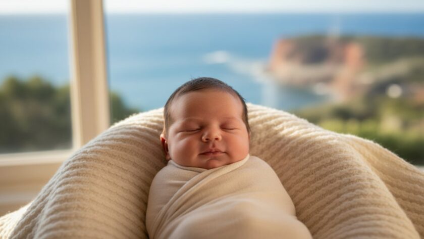 An intimate, heartfelt newborn photography Mount Eliza natural light portrait, featuring a peacefully sleeping baby swaddled in soft organic cotton, bathed in golden morning light filtering through a window overlooking the tranquil Mount Eliza coastline, evoking serenity and new beginnings.