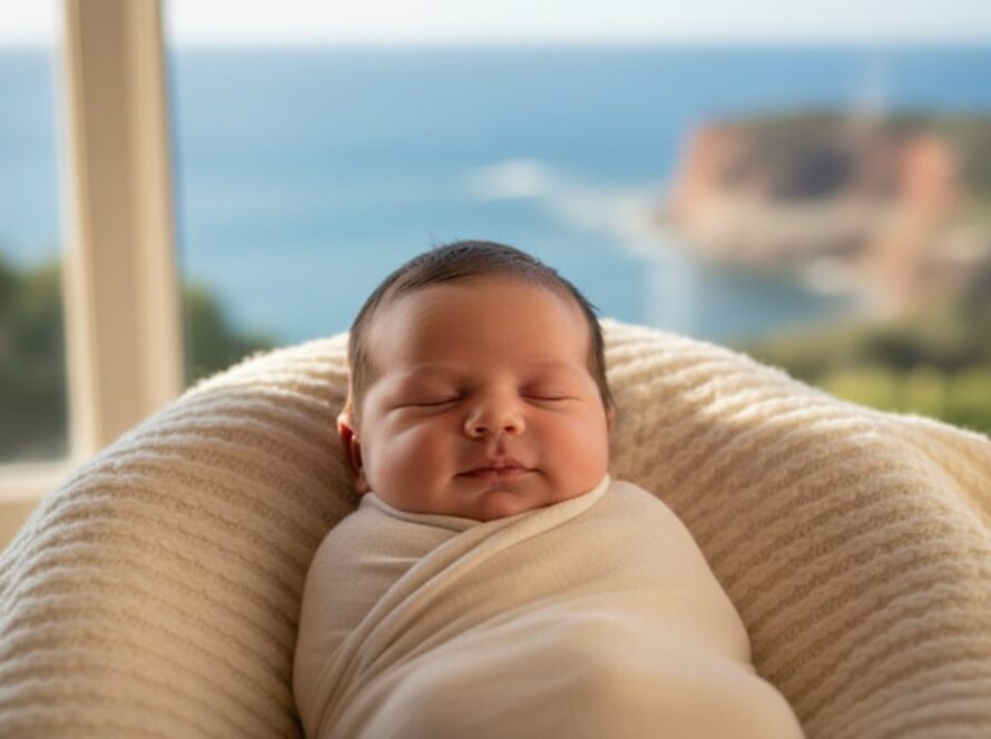 An intimate, heartfelt newborn photography Mount Eliza natural light portrait, featuring a peacefully sleeping baby swaddled in soft organic cotton, bathed in golden morning light filtering through a window overlooking the tranquil Mount Eliza coastline, evoking serenity and new beginnings.