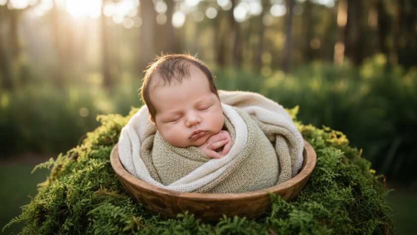 A serene, close-up portrait showcasing the delicate features of a newborn baby, gently swaddled in soft, earthy tones, nestled within a rustic, natural-wood prop, with soft, diffused sunlight filtering through the Dandenong Ranges forest creating a magical glow, embodying heartfelt newborn photography Sherbrooke Dandenong Ranges.
