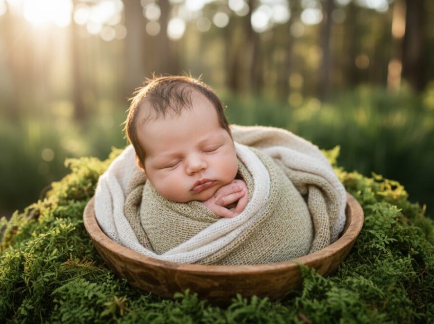 A serene, close-up portrait showcasing the delicate features of a newborn baby, gently swaddled in soft, earthy tones, nestled within a rustic, natural-wood prop, with soft, diffused sunlight filtering through the Dandenong Ranges forest creating a magical glow, embodying heartfelt newborn photography Sherbrooke Dandenong Ranges.