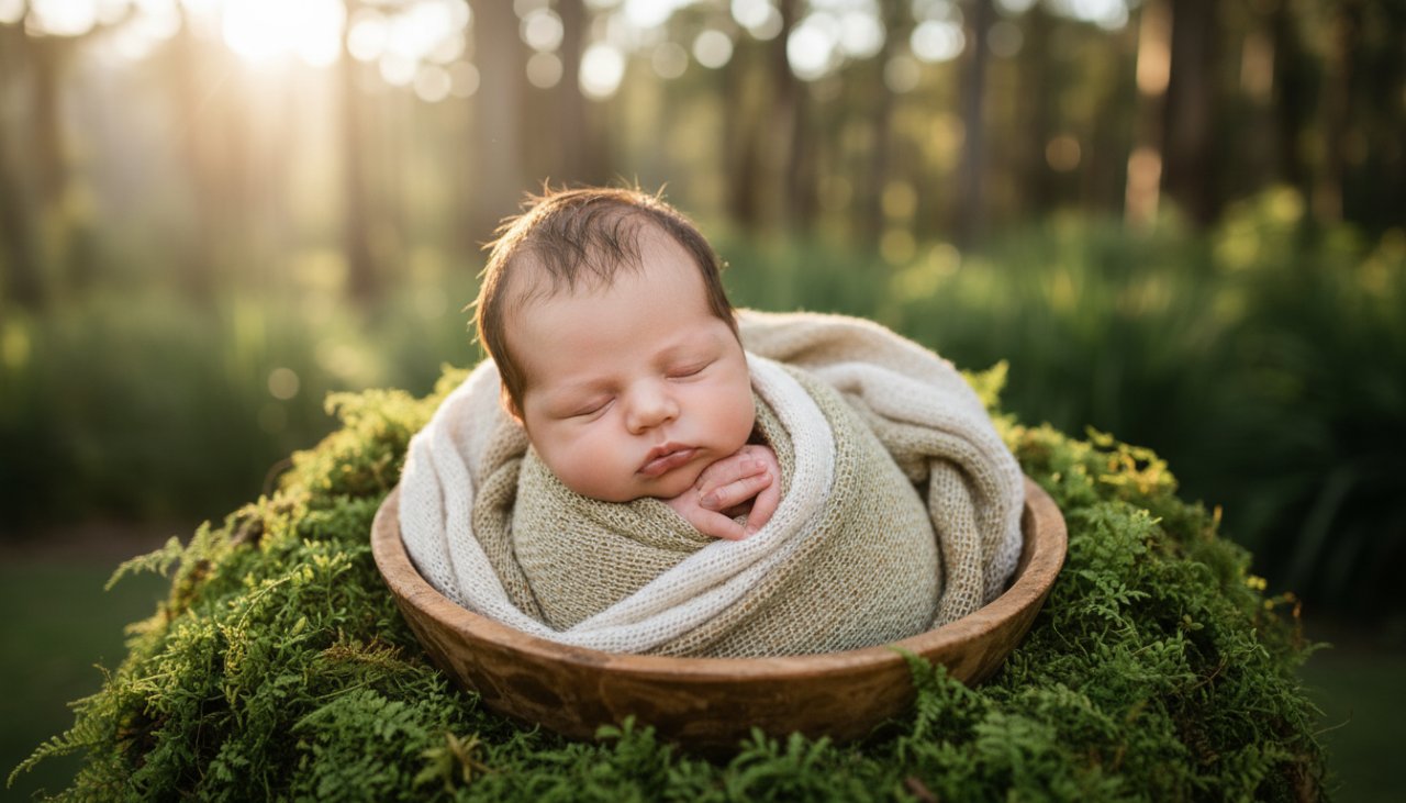 A serene, close-up portrait showcasing the delicate features of a newborn baby, gently swaddled in soft, earthy tones, nestled within a rustic, natural-wood prop, with soft, diffused sunlight filtering through the Dandenong Ranges forest creating a magical glow, embodying heartfelt newborn photography Sherbrooke Dandenong Ranges.