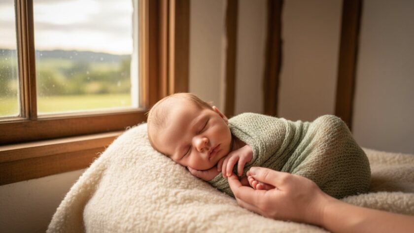 An intimate, 'epic moment' photograph capturing the peaceful slumber of a newborn baby in The Patch, gently swaddled in soft, natural fibres, bathed in warm, ethereal light filtering through a window, with a parent's hand softly caressing their tiny head, embodying heartfelt newborn photography for The Patch families.