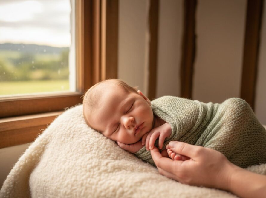 An intimate, 'epic moment' photograph capturing the peaceful slumber of a newborn baby in The Patch, gently swaddled in soft, natural fibres, bathed in warm, ethereal light filtering through a window, with a parent's hand softly caressing their tiny head, embodying heartfelt newborn photography for The Patch families.