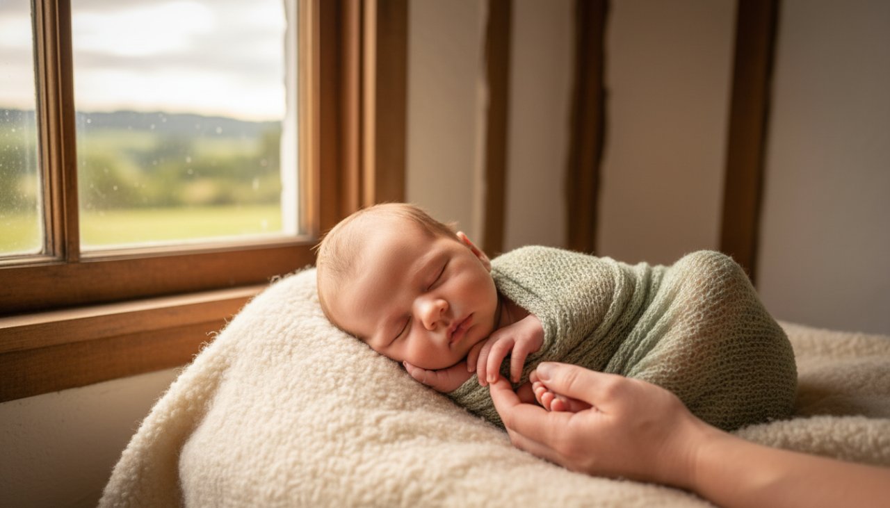 An intimate, 'epic moment' photograph capturing the peaceful slumber of a newborn baby in The Patch, gently swaddled in soft, natural fibres, bathed in warm, ethereal light filtering through a window, with a parent's hand softly caressing their tiny head, embodying heartfelt newborn photography for The Patch families.