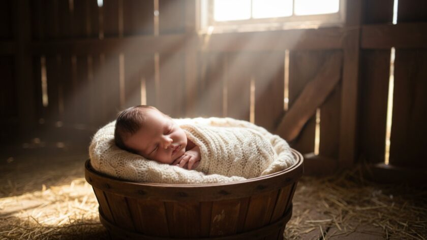 A serene, close-up, heartfelt newborn photography Tyabb barn setting portrait, showing a baby swaddled in soft white, gently sleeping on a textured woolen blanket, with a soft, diffused glow from a distant barn window creating a magical, dreamlike atmosphere.