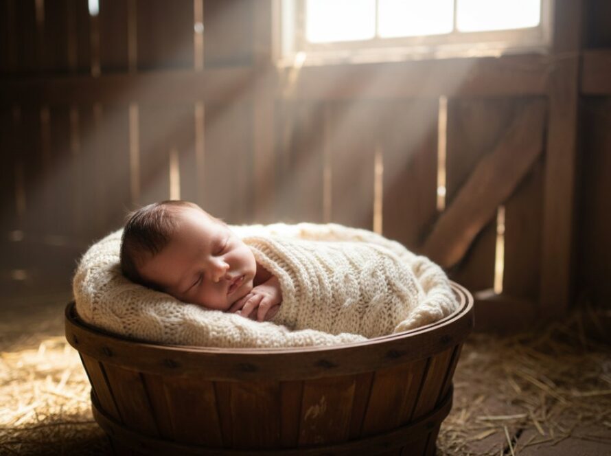 A serene, close-up, heartfelt newborn photography Tyabb barn setting portrait, showing a baby swaddled in soft white, gently sleeping on a textured woolen blanket, with a soft, diffused glow from a distant barn window creating a magical, dreamlike atmosphere.
