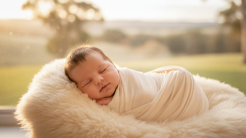 A serene, artistic photograph capturing heartfelt newborn photography Wandin East moments, featuring a peacefully sleeping baby swaddled in soft cream fabric, bathed in warm, ethereal window light, with a faint, dreamy backdrop of Wandin East's natural beauty.