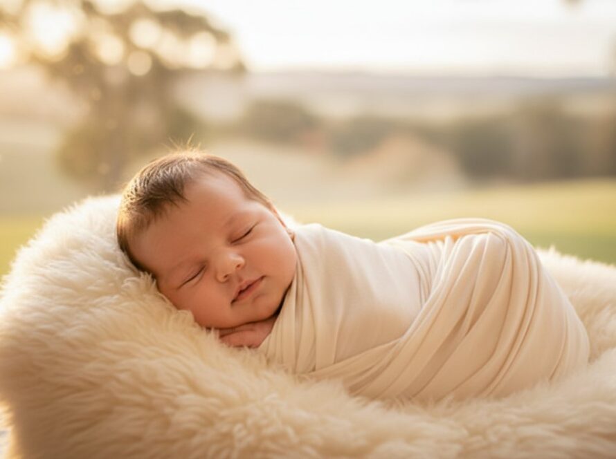 A serene, artistic photograph capturing heartfelt newborn photography Wandin East moments, featuring a peacefully sleeping baby swaddled in soft cream fabric, bathed in warm, ethereal window light, with a faint, dreamy backdrop of Wandin East's natural beauty.