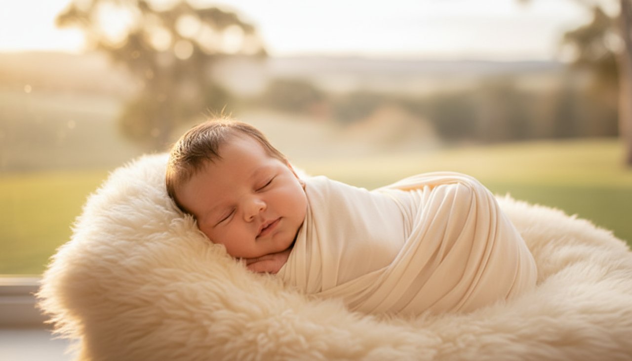 A serene, artistic photograph capturing heartfelt newborn photography Wandin East moments, featuring a peacefully sleeping baby swaddled in soft cream fabric, bathed in warm, ethereal window light, with a faint, dreamy backdrop of Wandin East's natural beauty.