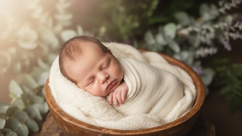 An ethereal, close-up portrait capturing heartfelt newborn photos Clematis Victoria, showing a peaceful baby wrapped in soft linen, with gentle sunlight filtering through eucalyptus leaves, creating a dreamy, angelic glow around the child.