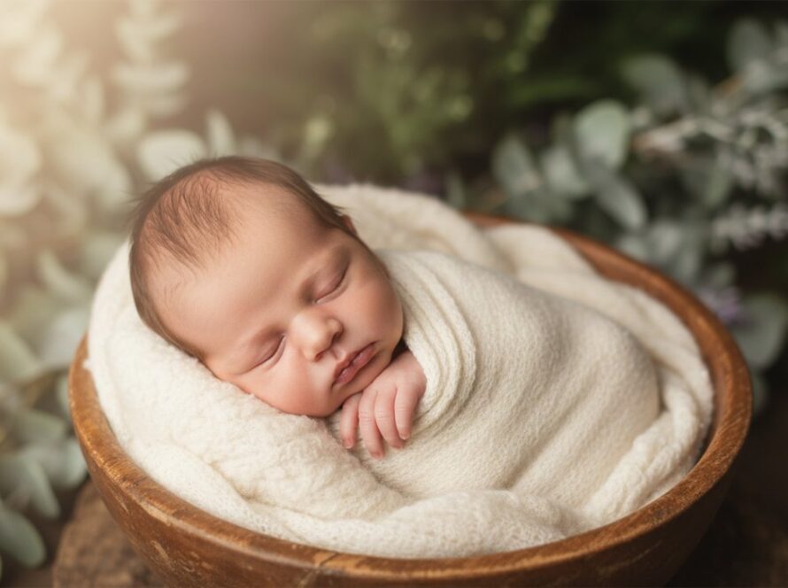 An ethereal, close-up portrait capturing heartfelt newborn photos Clematis Victoria, showing a peaceful baby wrapped in soft linen, with gentle sunlight filtering through eucalyptus leaves, creating a dreamy, angelic glow around the child.