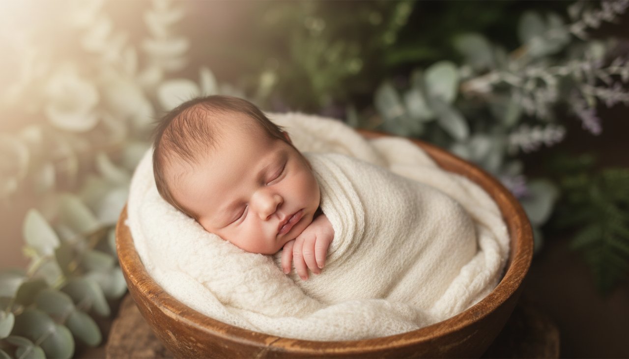 An ethereal, close-up portrait capturing heartfelt newborn photos Clematis Victoria, showing a peaceful baby wrapped in soft linen, with gentle sunlight filtering through eucalyptus leaves, creating a dreamy, angelic glow around the child.
