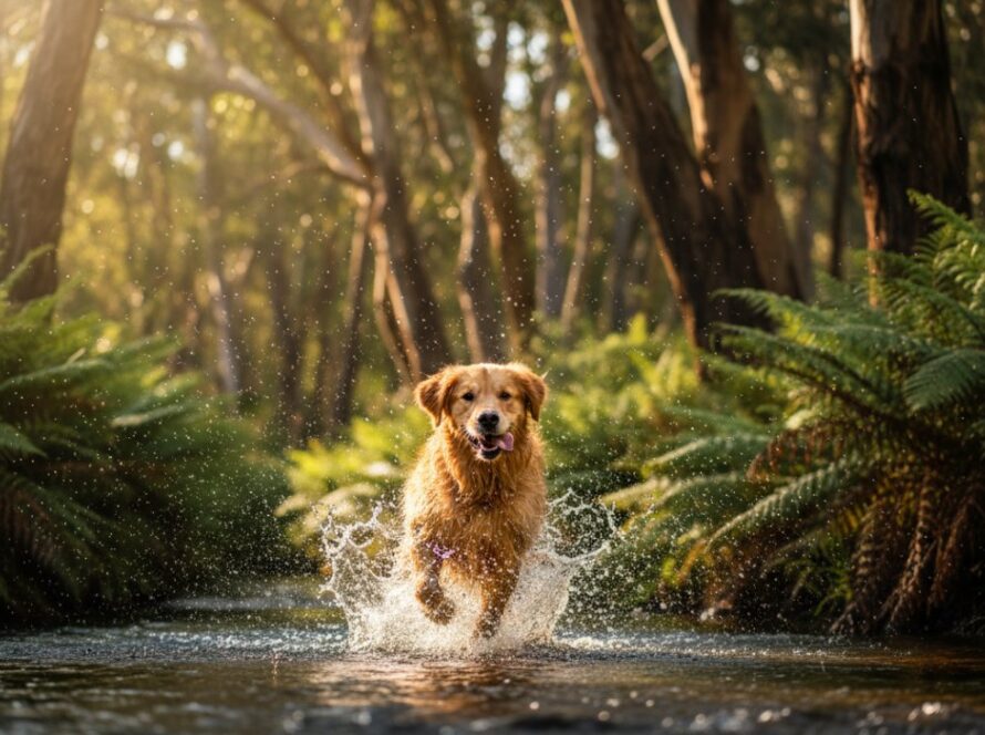 An 'epic moment' photograph of a golden retriever joyfully leaping through golden afternoon light near a lush fern gully in Badger Creek, its tongue out, chasing a ball, embodying the spirit of heartfelt pet photography Badger Creek Victoria.