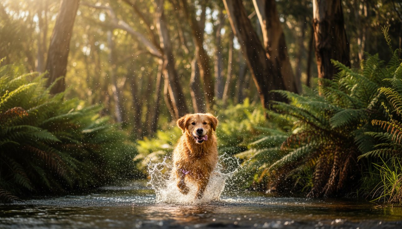 An 'epic moment' photograph of a golden retriever joyfully leaping through golden afternoon light near a lush fern gully in Badger Creek, its tongue out, chasing a ball, embodying the spirit of heartfelt pet photography Badger Creek Victoria.