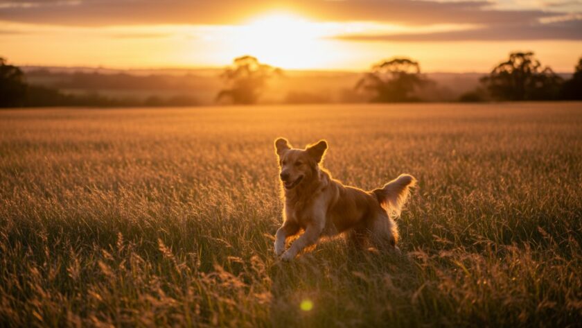 An epic moment captured during heartfelt pet photography sessions in Tyabb, Victoria, featuring a golden retriever joyfully leaping through tall, sun-drenched native grass at sunset, with the rolling hills of the Mornington Peninsula in the soft background, conveying immense happiness and freedom.