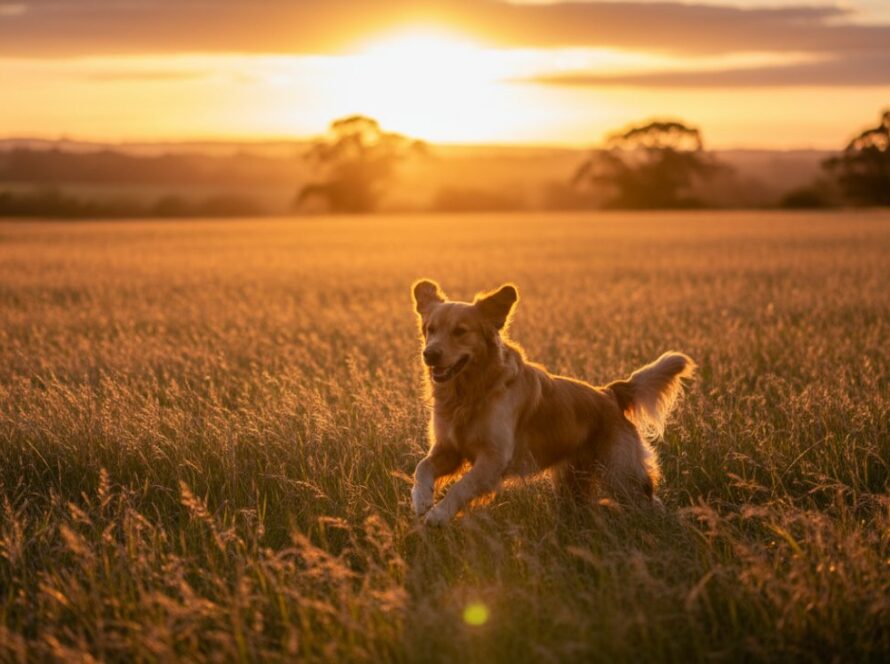 An epic moment captured during heartfelt pet photography sessions in Tyabb, Victoria, featuring a golden retriever joyfully leaping through tall, sun-drenched native grass at sunset, with the rolling hills of the Mornington Peninsula in the soft background, conveying immense happiness and freedom.