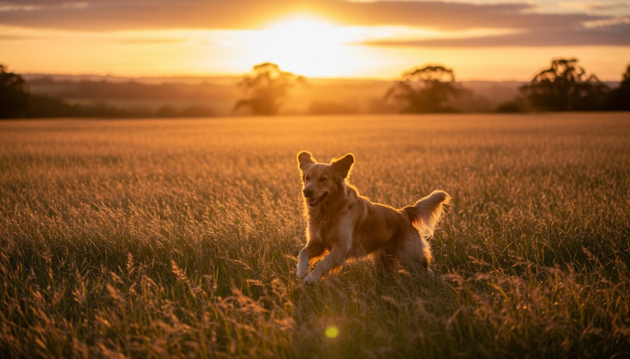 An epic moment captured during heartfelt pet photography sessions in Tyabb, Victoria, featuring a golden retriever joyfully leaping through tall, sun-drenched native grass at sunset, with the rolling hills of the Mornington Peninsula in the soft background, conveying immense happiness and freedom.