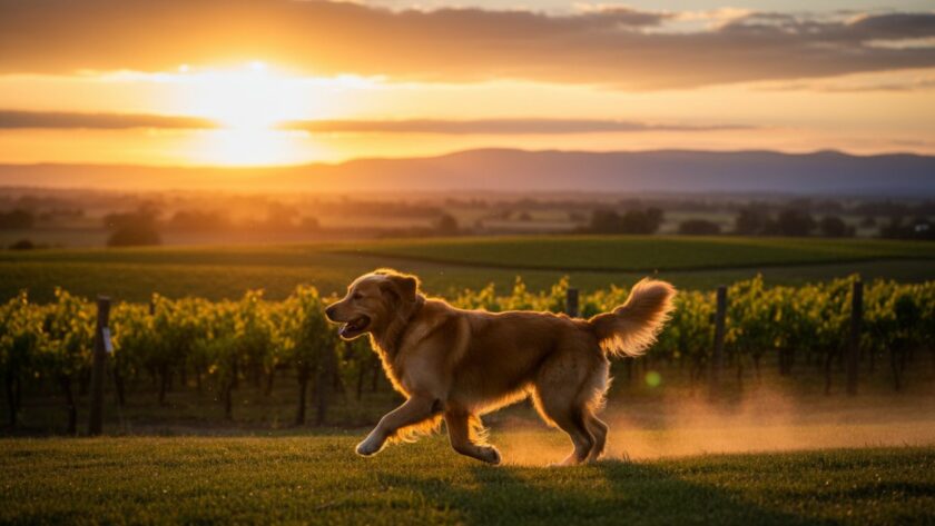 An epic moment captured in Seville, Victoria: a golden retriever mid-leap, silhouetted against a golden sunset over the Yarra Ranges, radiating joy and freedom, embodying heartfelt pet photography.