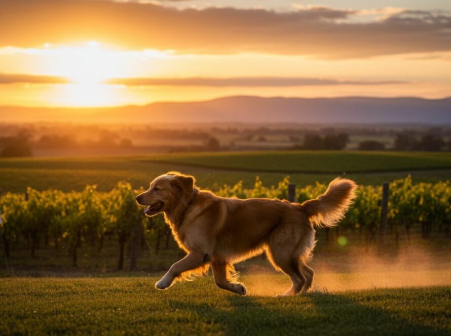 An epic moment captured in Seville, Victoria: a golden retriever mid-leap, silhouetted against a golden sunset over the Yarra Ranges, radiating joy and freedom, embodying heartfelt pet photography.