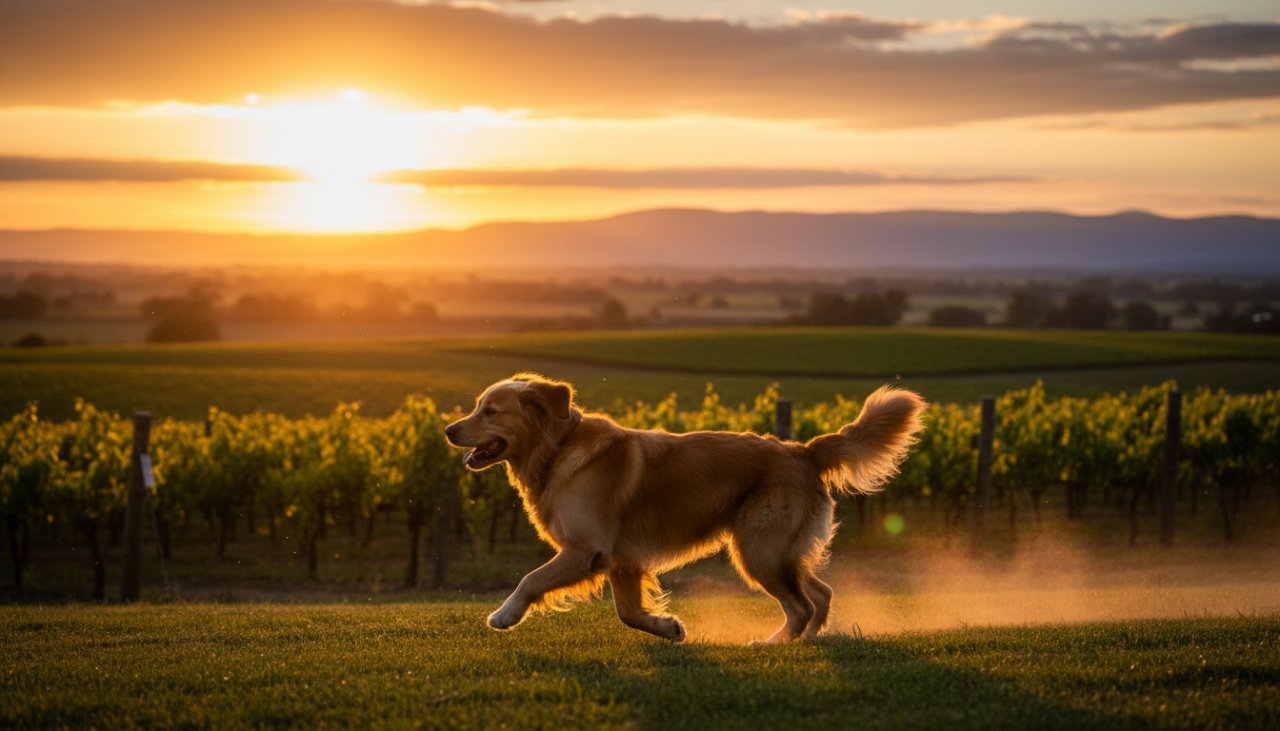 An epic moment captured in Seville, Victoria: a golden retriever mid-leap, silhouetted against a golden sunset over the Yarra Ranges, radiating joy and freedom, embodying heartfelt pet photography.