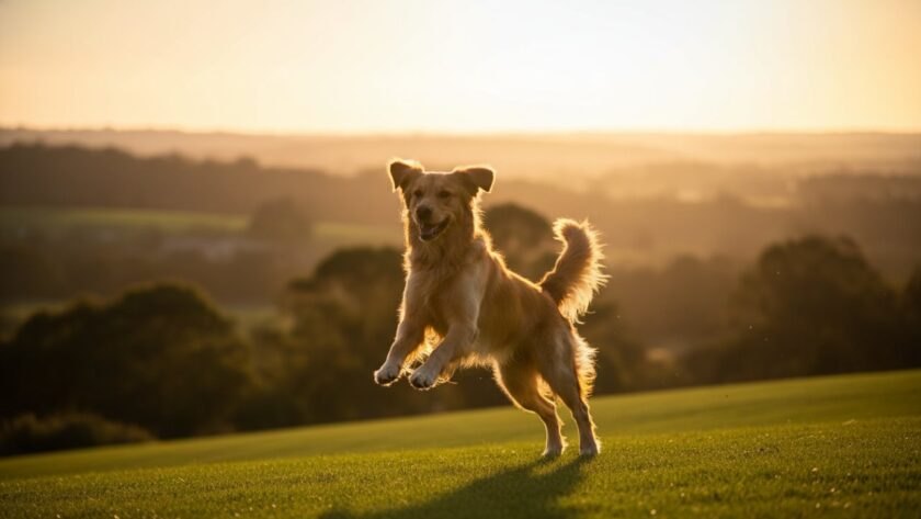 An epic moment of heartfelt pet photography Somerville Victoria, featuring a golden retriever joyfully leaping through a sun-drenched field at The Briars, its fur glowing, with its owner laughing nearby, embodying pure happiness and connection.