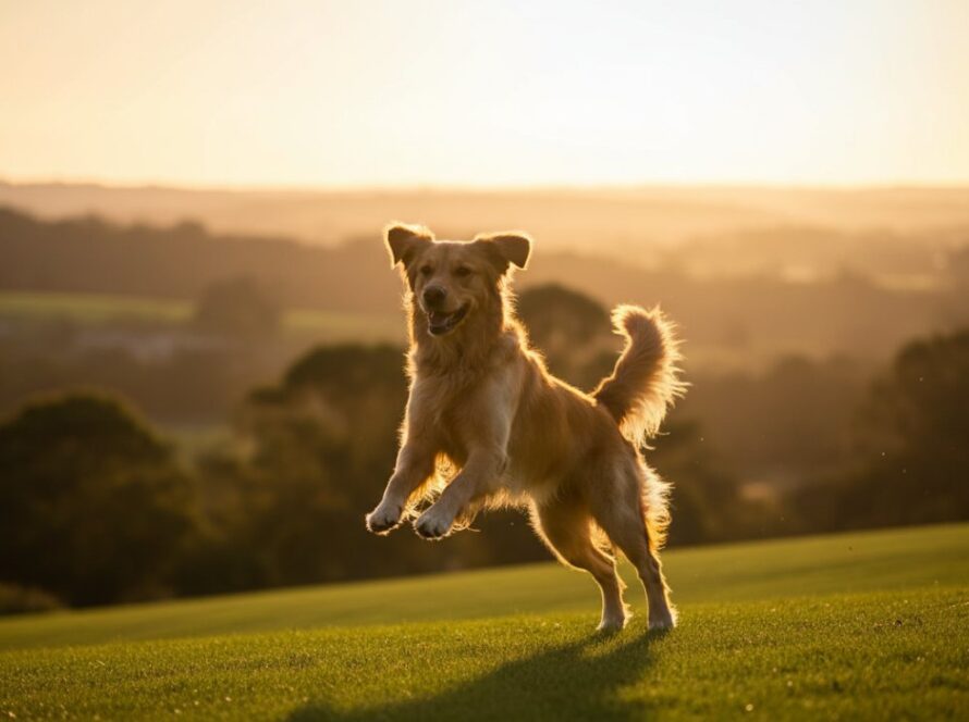 An epic moment of heartfelt pet photography Somerville Victoria, featuring a golden retriever joyfully leaping through a sun-drenched field at The Briars, its fur glowing, with its owner laughing nearby, embodying pure happiness and connection.