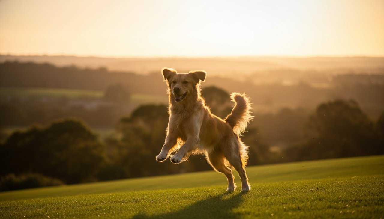 An epic moment of heartfelt pet photography Somerville Victoria, featuring a golden retriever joyfully leaping through a sun-drenched field at The Briars, its fur glowing, with its owner laughing nearby, embodying pure happiness and connection.