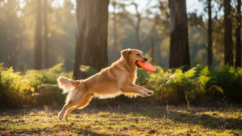 An energetic Golden Retriever mid-leap, fetching a stick in a sun-dappled clearing at The Patch, Yarra Ranges, showcasing joyful and heartfelt pet photography. The dog's fur glows in the late afternoon light, a triumphant expression on its face, with soft focus on the lush, green Australian bushland in the background.