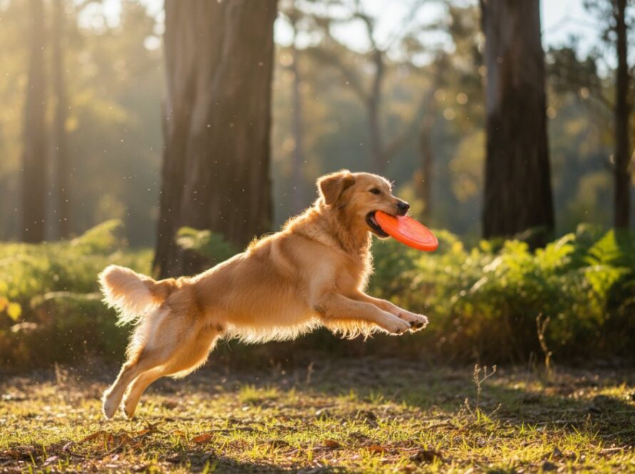 An energetic Golden Retriever mid-leap, fetching a stick in a sun-dappled clearing at The Patch, Yarra Ranges, showcasing joyful and heartfelt pet photography. The dog's fur glows in the late afternoon light, a triumphant expression on its face, with soft focus on the lush, green Australian bushland in the background.